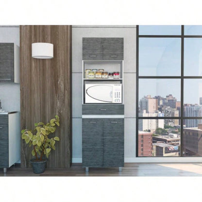 Auburn Microwave Pantry Cabinet, Two Cabinets, Two Open Shelves, Drawer