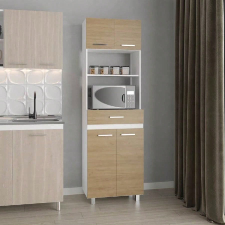 Kitchen Pantry, 4 Doors, 1 Drawer, 4, 4 Shelves, Natural Oak/ White