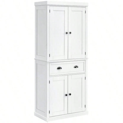 HOMCOM 72 Freestanding Kitchen Pantry Cabinet, Tall Storage Cabinet with 2 Door Cupboards, Drawer and Adjustable Shelves, White