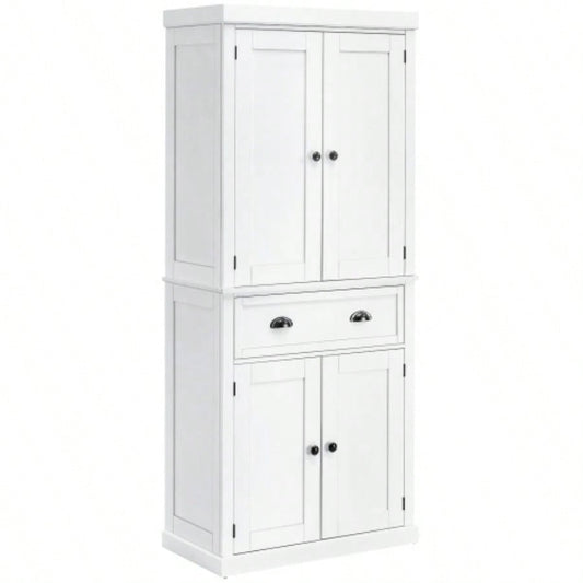 HOMCOM 72 Freestanding Kitchen Pantry Cabinet, Tall Storage Cabinet with 2 Door Cupboards, Drawer and Adjustable Shelves, White