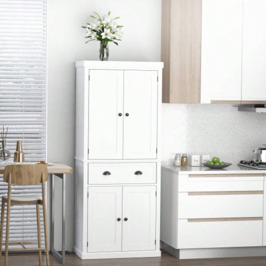 HOMCOM 72 Freestanding Kitchen Pantry Cabinet, Tall Storage Cabinet with 2 Door Cupboards, Drawer and Adjustable Shelves, White
