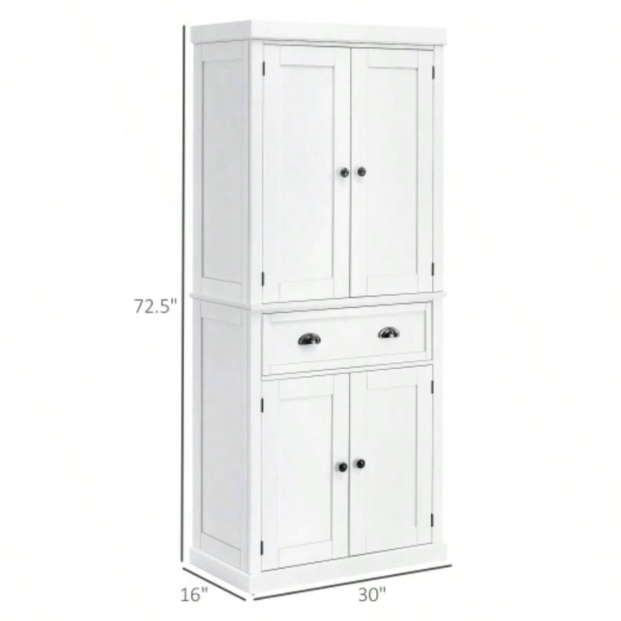 HOMCOM 72 Freestanding Kitchen Pantry Cabinet, Tall Storage Cabinet with 2 Door Cupboards, Drawer and Adjustable Shelves, White