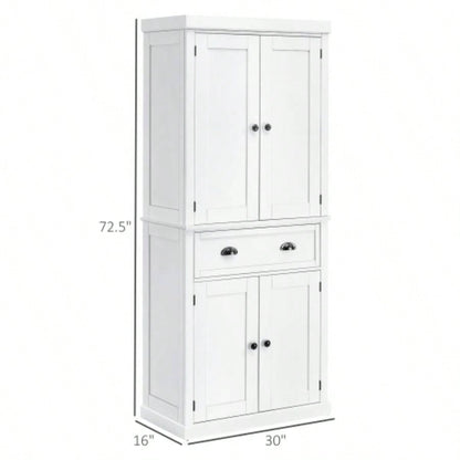 HOMCOM 72 Freestanding Kitchen Pantry Cabinet, Tall Storage Cabinet with 2 Door Cupboards, Drawer and Adjustable Shelves, White