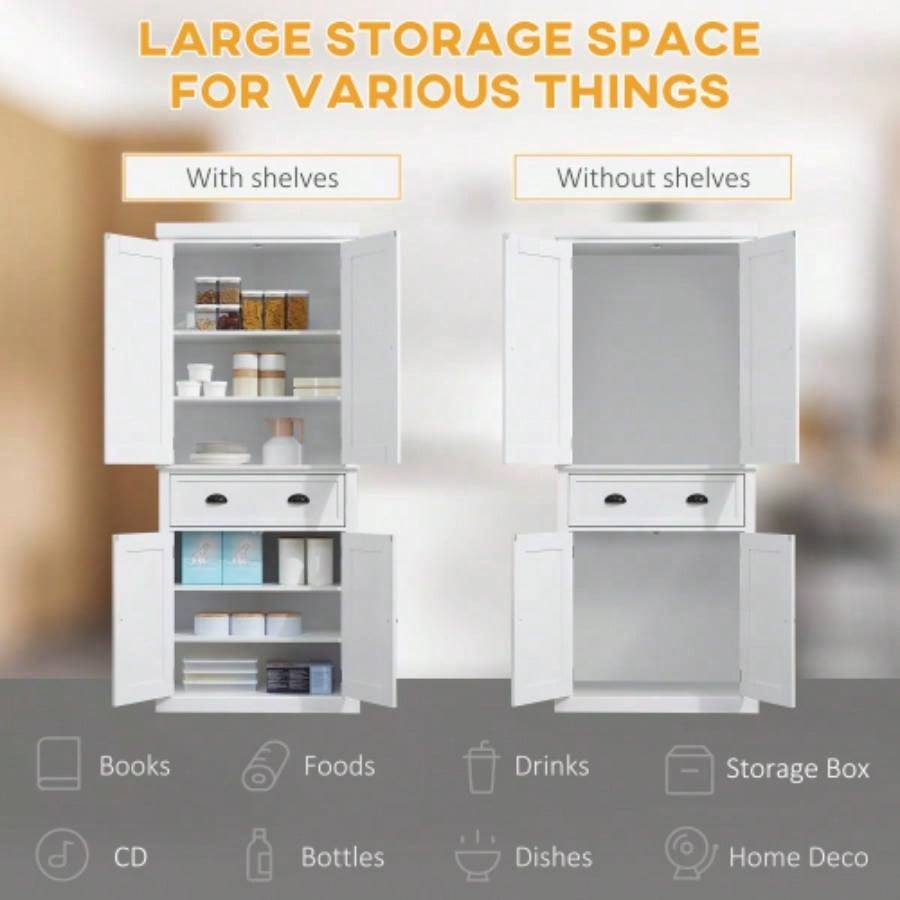 HOMCOM 72 Freestanding Kitchen Pantry Cabinet, Tall Storage Cabinet with 2 Door Cupboards, Drawer and Adjustable Shelves, White