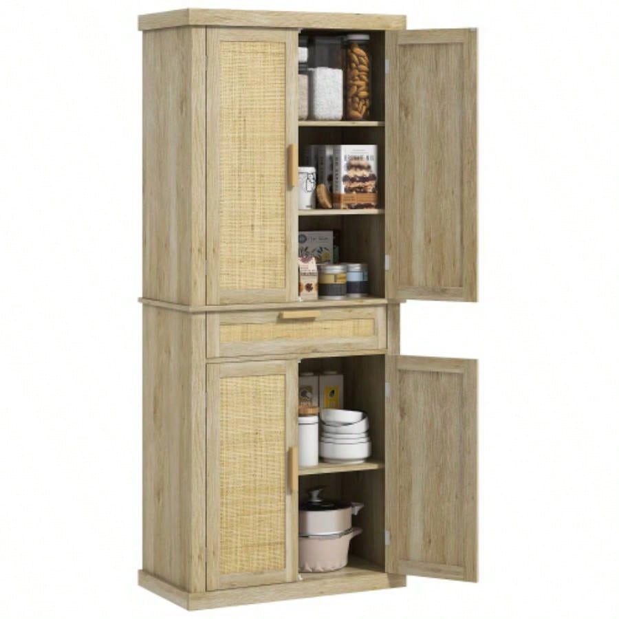 HOMCOM 72 Tall Pantry Cabinet with Rattan Decorated Panel, Freestanding Boho Kitchen Storage Cabinet with 4 Doors, Drawer, 5 - Tier Shelf and Adjustable Shelves, Oak