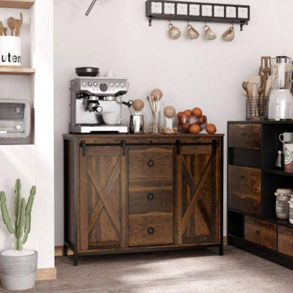 HOMCOM Industrial Farmhouse Buffet Cabinet, Kitchen Sideboard with Sliding Barn Doors, Three Drawers and Adjustable Shelves Living Room, Dining Room, Rustic Brown