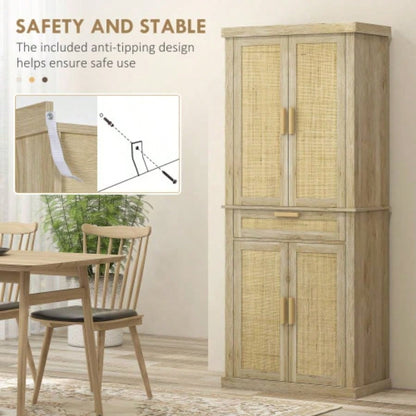 HOMCOM 72 Tall Pantry Cabinet with Rattan Decorated Panel, Freestanding Boho Kitchen Storage Cabinet with 4 Doors, Drawer, 5 - Tier Shelf and Adjustable Shelves, Oak