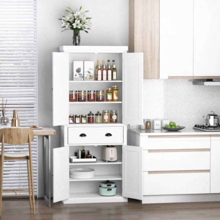 HOMCOM 72 Freestanding Kitchen Pantry Cabinet, Tall Storage Cabinet with 2 Door Cupboards, Drawer and Adjustable Shelves, White
