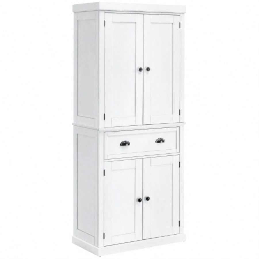 HOMCOM 72 Freestanding Kitchen Pantry Cabinet, Tall Storage Cabinet with 2 Door Cupboards, Drawer and Adjustable Shelves, White