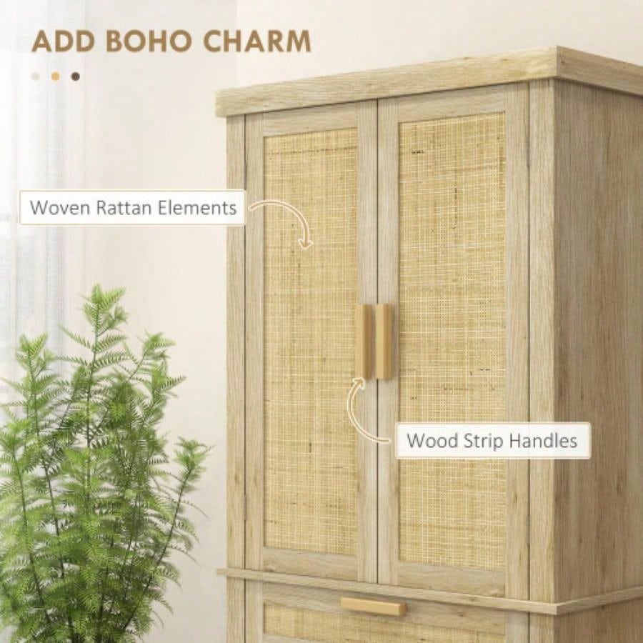 HOMCOM 72 Tall Pantry Cabinet with Rattan Decorated Panel, Freestanding Boho Kitchen Storage Cabinet with 4 Doors, Drawer, 5 - Tier Shelf and Adjustable Shelves, Oak