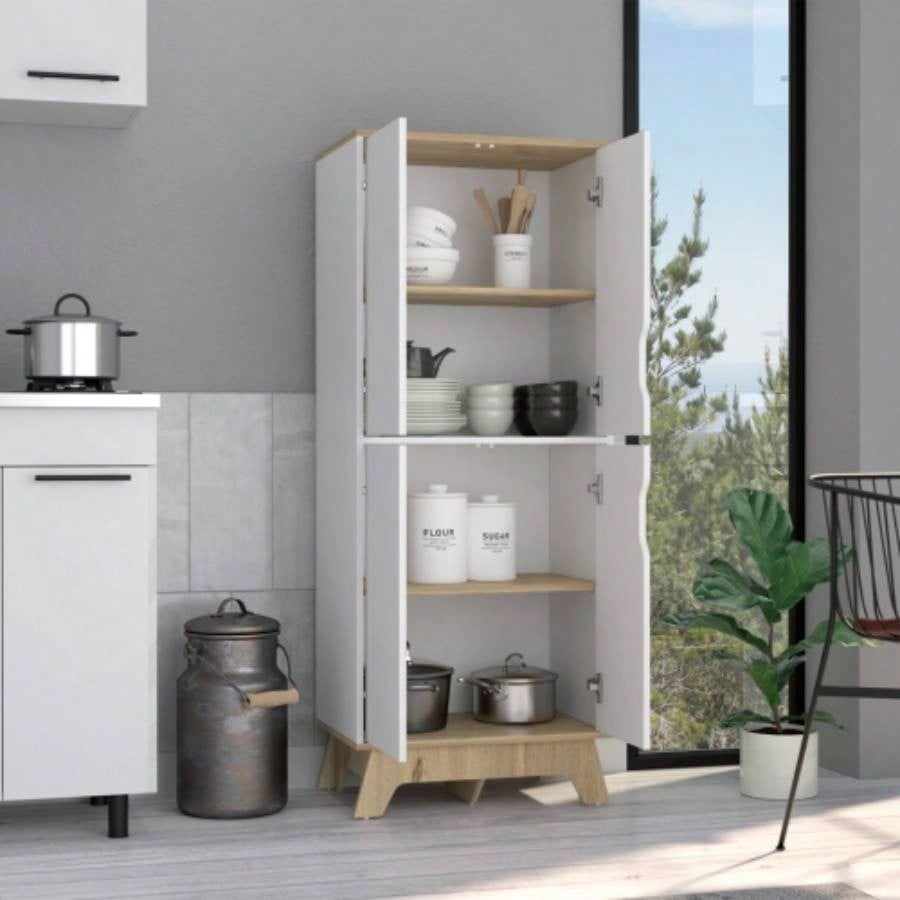 Multistorage cabinet 59 H, four doors, four internal shelves, Light oak/ White