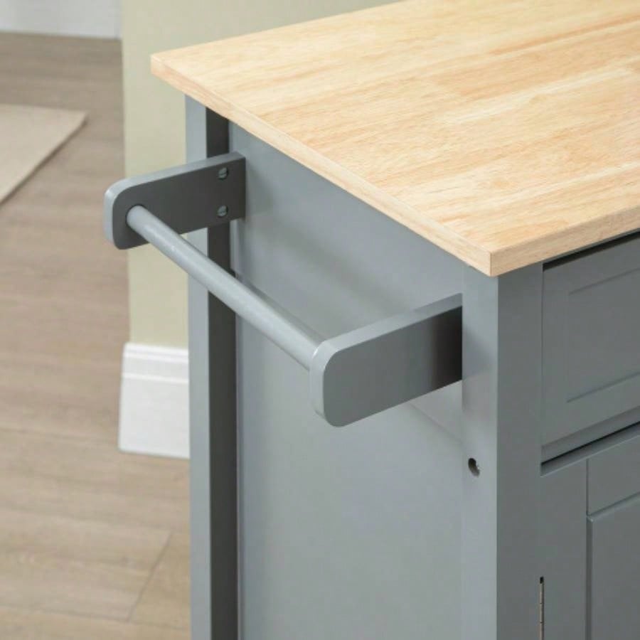 HOMCOM Kitchen Island Cart, Rolling Kitchen Island with Storage Shelf, Solid Wood Top, Drawer, Dining Room, Gray