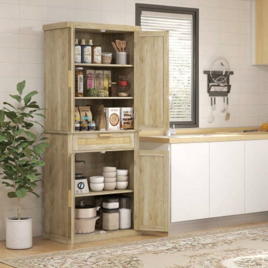 HOMCOM 72 Tall Pantry Cabinet with Rattan Decorated Panel, Freestanding Boho Kitchen Storage Cabinet with 4 Doors, Drawer, 5 - Tier Shelf and Adjustable Shelves, Oak