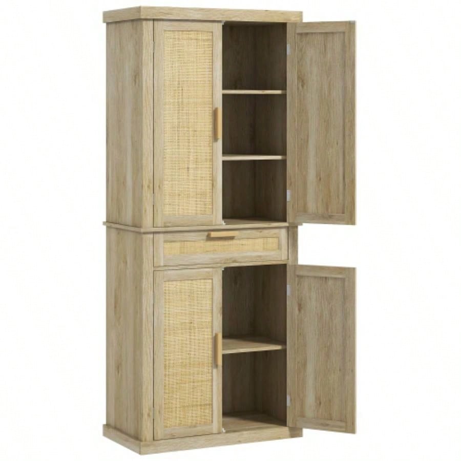 HOMCOM 72 Tall Pantry Cabinet with Rattan Decorated Panel, Freestanding Boho Kitchen Storage Cabinet with 4 Doors, Drawer, 5 - Tier Shelf and Adjustable Shelves, Oak