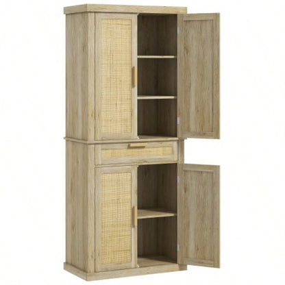 HOMCOM 72 Tall Pantry Cabinet with Rattan Decorated Panel, Freestanding Boho Kitchen Storage Cabinet with 4 Doors, Drawer, 5 - Tier Shelf and Adjustable Shelves, Oak