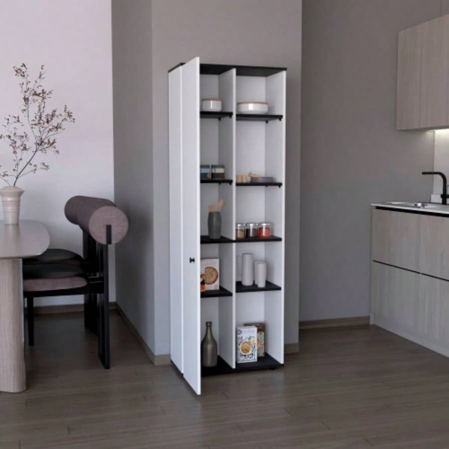 DEPOT E - SHOP Cary 67 H Kitchen Storage Cabinet With One Door, Five Interior Shelves and Five Exterior Shelves, White/Black