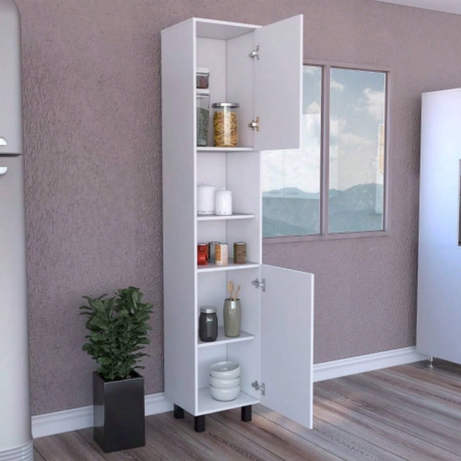 Kitchen Pantry 79 H, Two Open Storage Shelves, Three Internal Shelves, Two Doors, Four, White