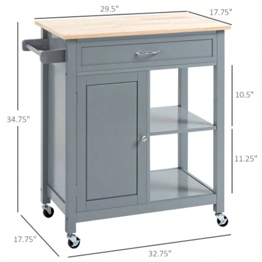 HOMCOM Kitchen Island Cart, Rolling Kitchen Island with Storage Shelf, Solid Wood Top, Drawer, Dining Room, Gray