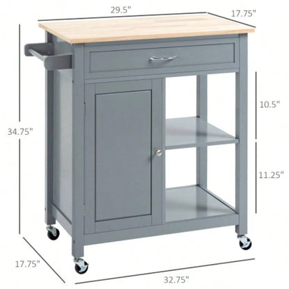 HOMCOM Kitchen Island Cart, Rolling Kitchen Island with Storage Shelf, Solid Wood Top, Drawer, Dining Room, Gray