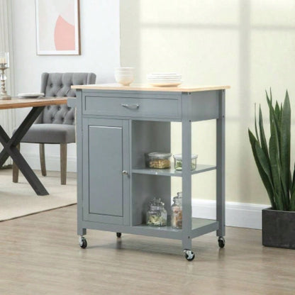 HOMCOM Kitchen Island Cart, Rolling Kitchen Island with Storage Shelf, Solid Wood Top, Drawer, Dining Room, Gray