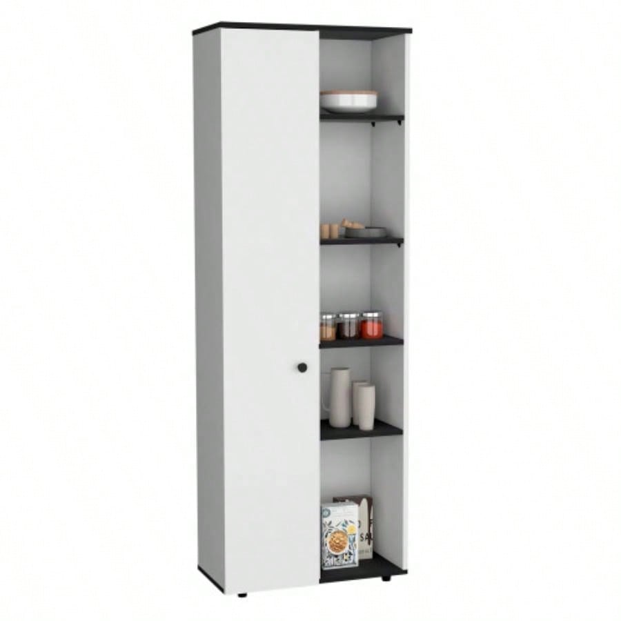 DEPOT E - SHOP Cary 67 H Kitchen Storage Cabinet With One Door, Five Interior Shelves and Five Exterior Shelves, White/Black