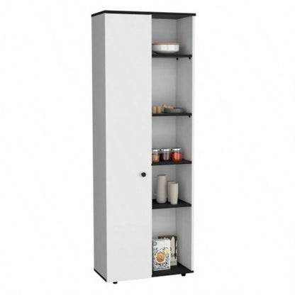DEPOT E - SHOP Cary 67 H Kitchen Storage Cabinet With One Door, Five Interior Shelves and Five Exterior Shelves, White/Black