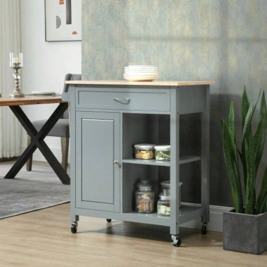 HOMCOM Kitchen Island Cart, Rolling Kitchen Island with Storage Shelf, Solid Wood Top, Drawer, Dining Room, Gray