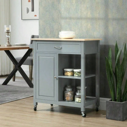 HOMCOM Kitchen Island Cart, Rolling Kitchen Island with Storage Shelf, Solid Wood Top, Drawer, Dining Room, Gray