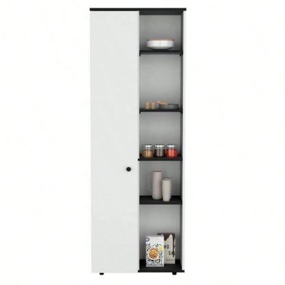 DEPOT E - SHOP Cary 67 H Kitchen Storage Cabinet With One Door, Five Interior Shelves and Five Exterior Shelves, White/Black