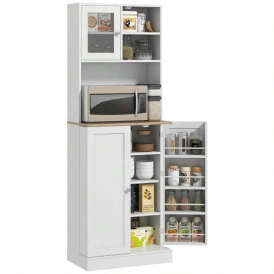 HOMCOM 66.5 Pantry Cabinet with Microwave Stand, Freestanding Kitchen Storage Cabinet with Hutch, 8 Door Shelves, Adjustable Shelves, Food Pantry Cabinet Dining Room, White