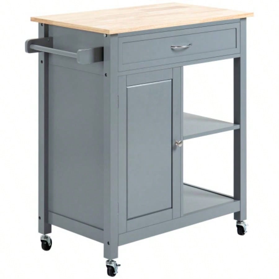 HOMCOM Kitchen Island Cart, Rolling Kitchen Island with Storage Shelf, Solid Wood Top, Drawer, Dining Room, Gray