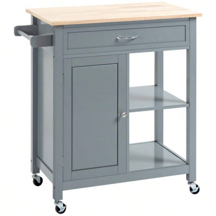 HOMCOM Kitchen Island Cart, Rolling Kitchen Island with Storage Shelf, Solid Wood Top, Drawer, Dining Room, Gray