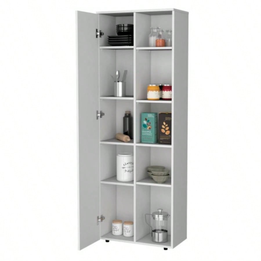 FM FURNITURE Multistorage Kitchen Pantry with 1 door and 5 open shelves, White