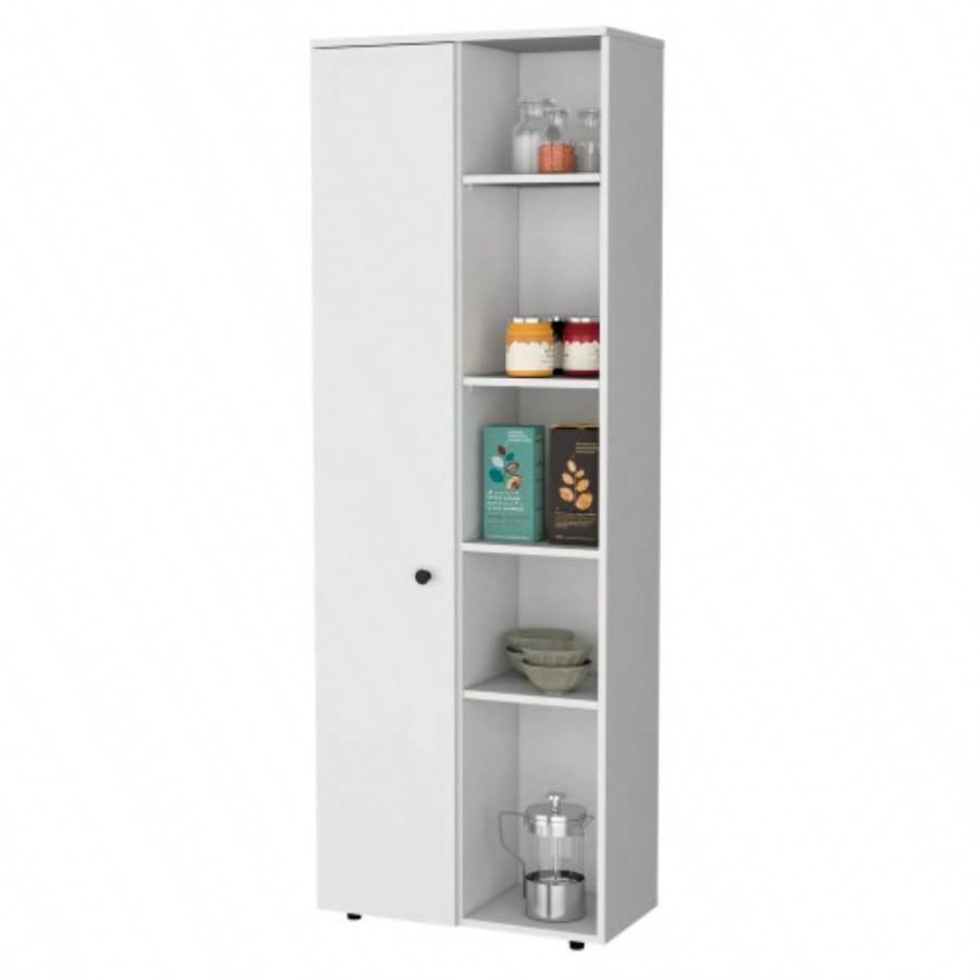 FM FURNITURE Multistorage Kitchen Pantry with 1 door and 5 open shelves, White