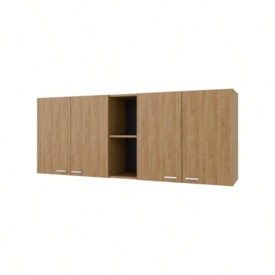 Luray Wall Cabinet kitchen in Melamine wit 4 Doors and Open Storage, Natural Oak