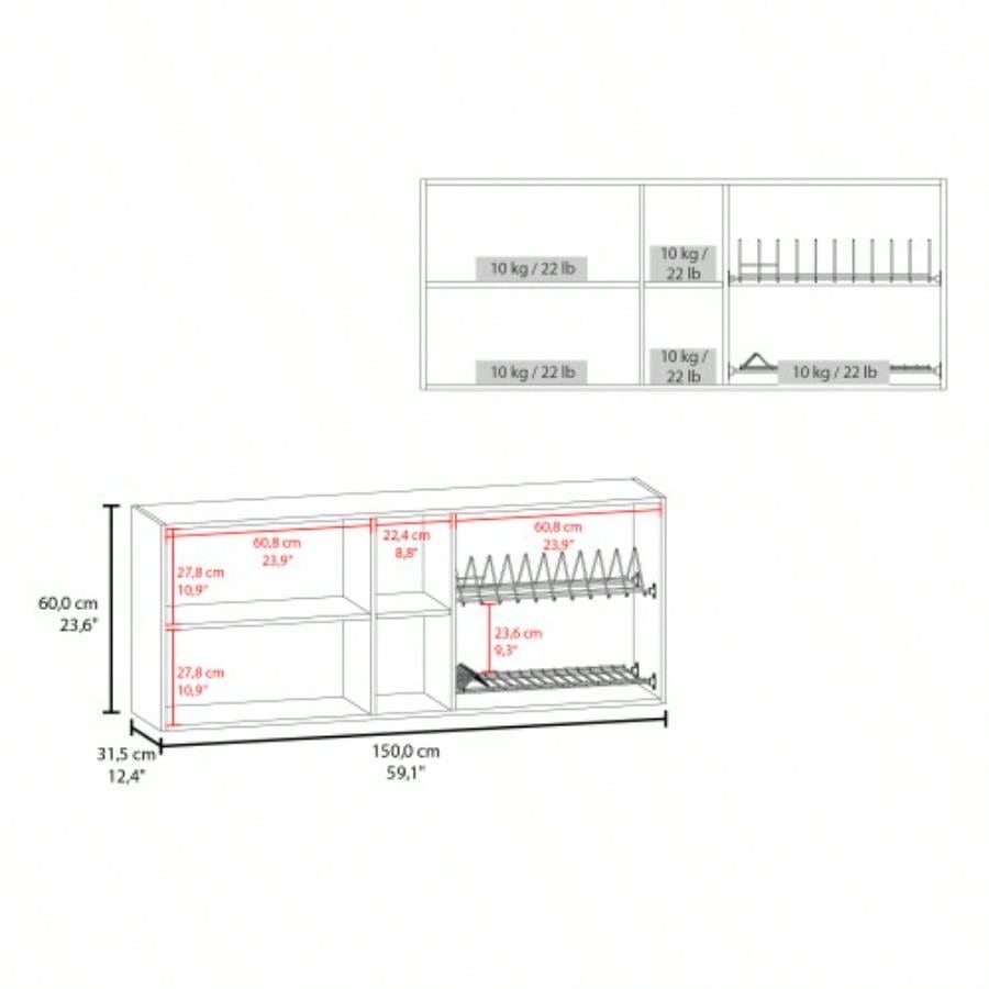 Luray Wall Cabinet kitchen in Melamine wit 4 Doors and Open Storage, Natural Oak