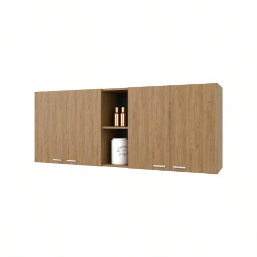 Luray Wall Cabinet kitchen in Melamine wit 4 Doors and Open Storage, Natural Oak