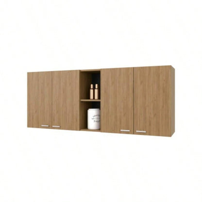 Luray Wall Cabinet kitchen in Melamine wit 4 Doors and Open Storage, Natural Oak