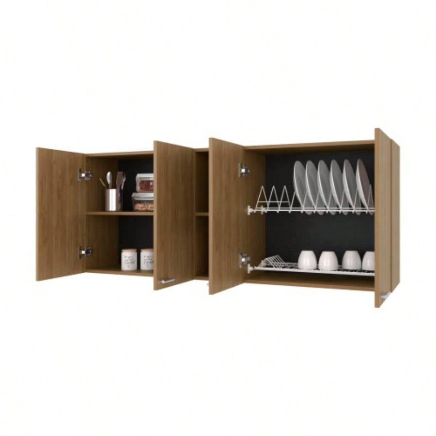 Luray Wall Cabinet kitchen in Melamine wit 4 Doors and Open Storage, Natural Oak