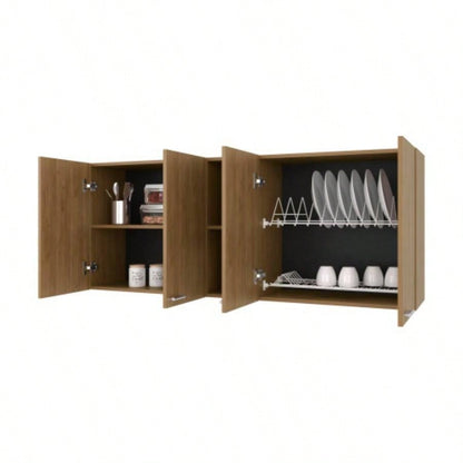 Luray Wall Cabinet kitchen in Melamine wit 4 Doors and Open Storage, Natural Oak