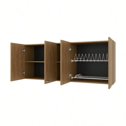 Luray Wall Cabinet kitchen in Melamine wit 4 Doors and Open Storage, Natural Oak