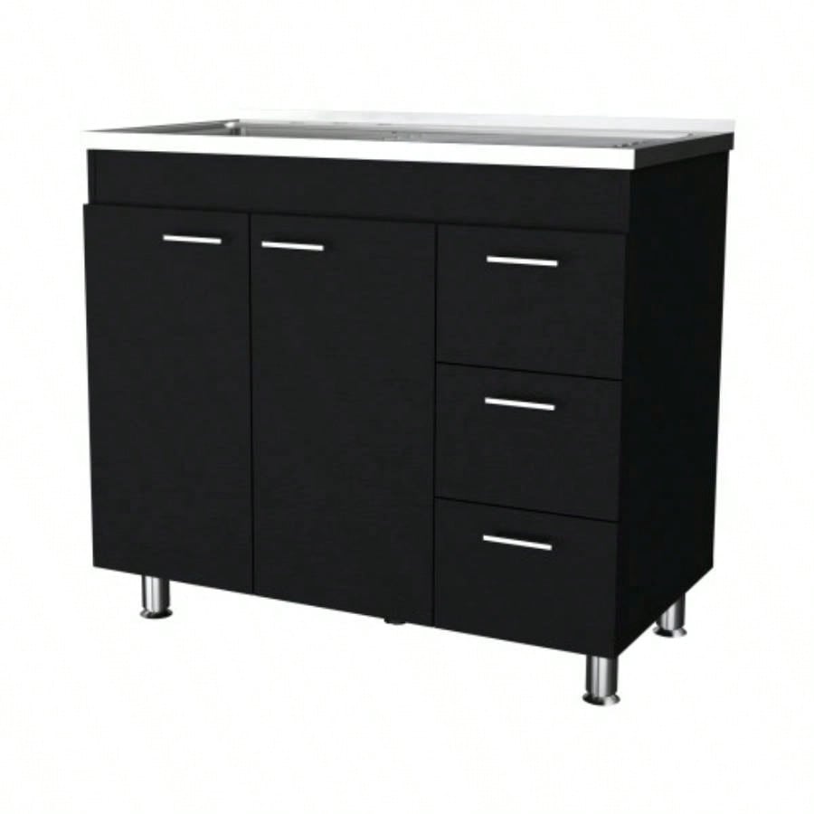 Darien melamine base cabinet, three drawers and stainless steel top.