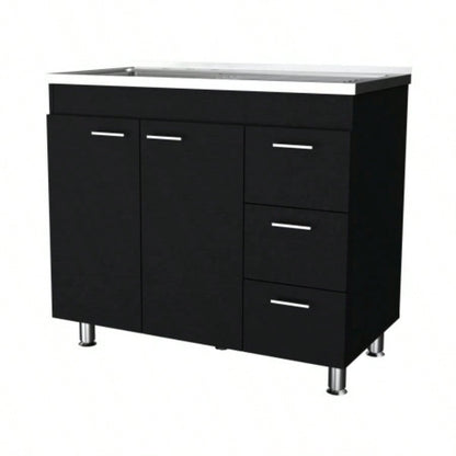 Darien melamine base cabinet, three drawers and stainless steel top.