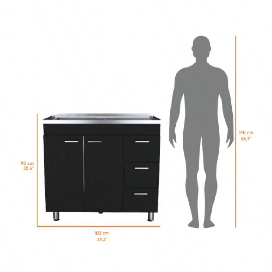 Darien melamine base cabinet, three drawers and stainless steel top.