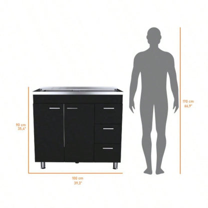 Darien melamine base cabinet, three drawers and stainless steel top.