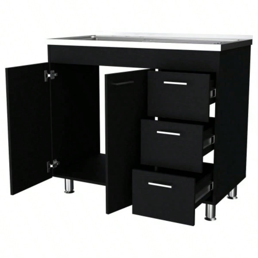 Darien melamine base cabinet, three drawers and stainless steel top.