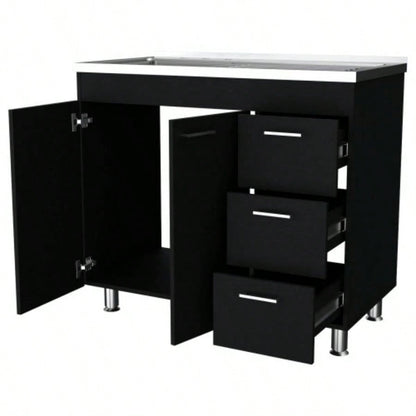 Darien melamine base cabinet, three drawers and stainless steel top.