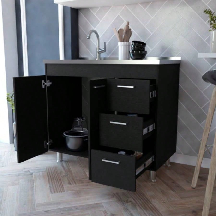 Darien melamine base cabinet, three drawers and stainless steel top.