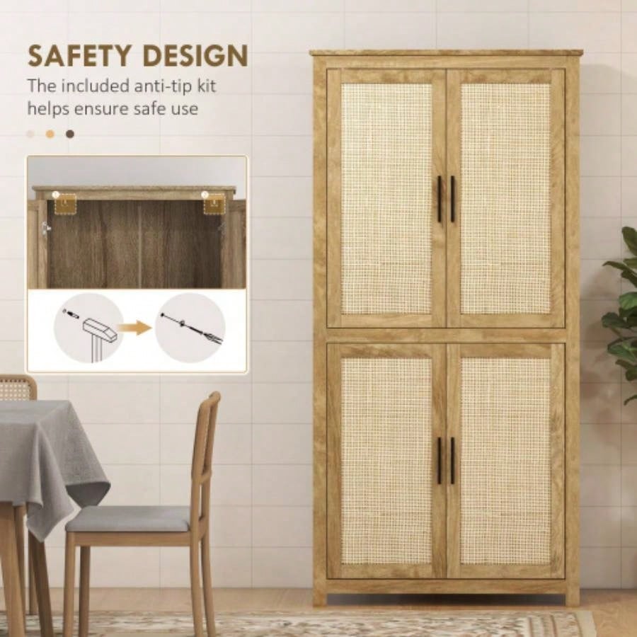 HOMCOM 64 Rattan Kitchen Storage Cabinet with Adjustable Shelf, Natural