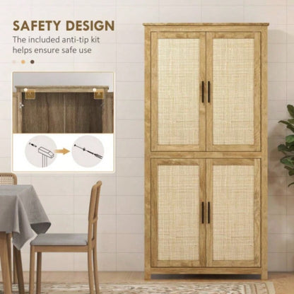 HOMCOM 64 Rattan Kitchen Storage Cabinet with Adjustable Shelf, Natural